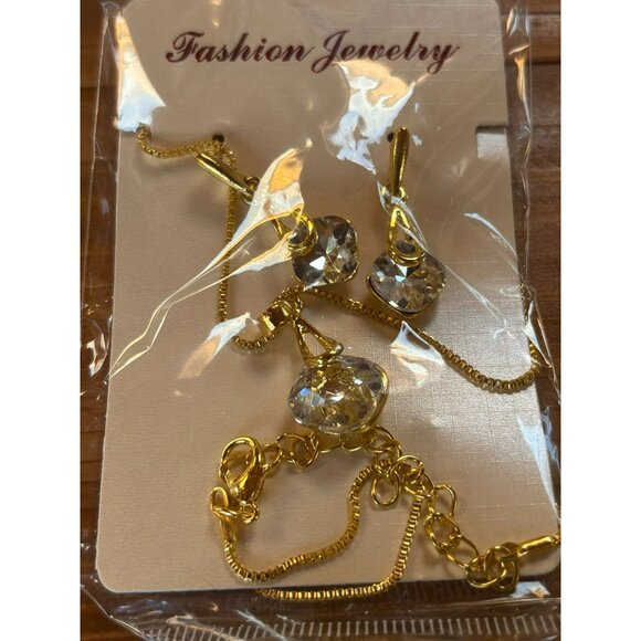 Gold-Tone Chain Necklace & Earrings Set With Clear Round Crystal Pendants - Picture 3 of 4